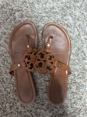 Tory Burch Tan Leather Logo Thong Sandals